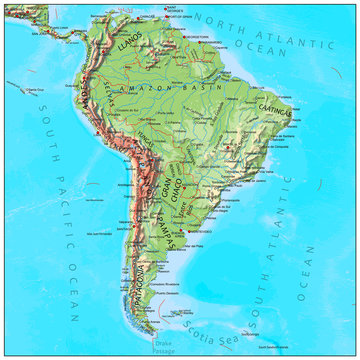 South America physical continent map
