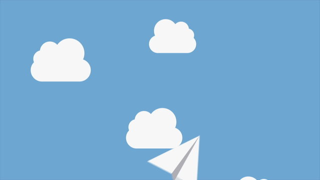 Paper airplanes flying over a sky with clouds, Video animation, 