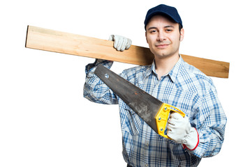 Carpenter with his tools isolated on white