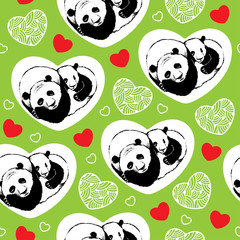 Seamless pattern with sleeping pandas and hearts