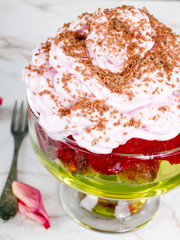 Colorful jelly with whipped cream and candy topping