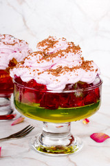 Colorful jelly with whipped cream and candy topping