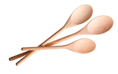 Three new wooden spoons, isolated on a white background.