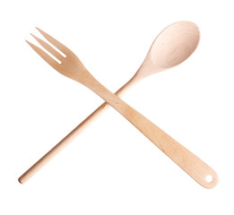 Wooden fork and spoon on a white background.