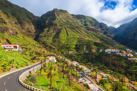 Road in Valle Gran Rey mountain valley, La Gomera island, Spain
