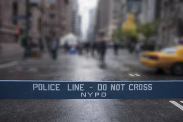 Door stickers New York Police Line Do Not Cross. New York City.