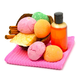 Soap, bath bombs, gel, cinnamom sticks in the coconat shell
