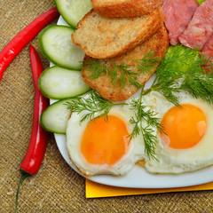 English breakfast - toast, egg, bacon, salad  and cucumber