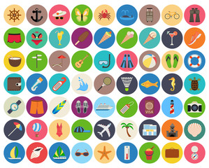 beach and summer rest colorful icon set on rounded pads
