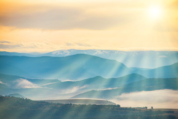 Blue mountains covered with mist