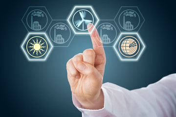 Male Hand Activating Renewable Energy Icons.