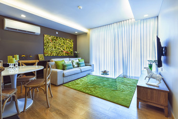 Kitchen and living room with big window interior