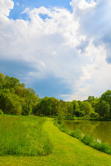 Fototapeta na wymiar Lake in countryside landscape in spring, Burgenland, Austria