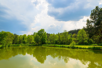Lake in countryside landscape in spring, Burgenland, Austria