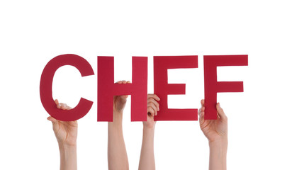 Many People Hands Holding Red Straight Word Chef