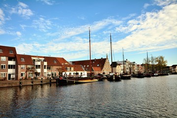 Cityscape of Leiden with canal and historic houses