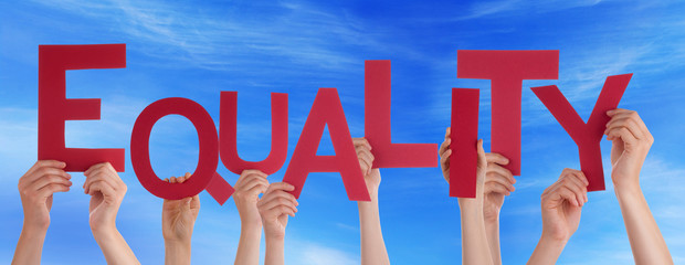 Many People Hands Holding Red Word Equality Blue Sky