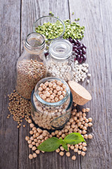 Raw beans and lentils in jars
