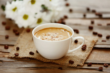 Cup of coffee on table close-up