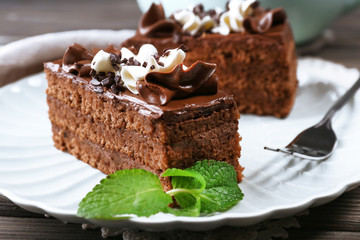 Tasty pieces of chocolate cake with mint