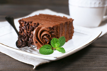 Tasty piece of chocolate cake with mint