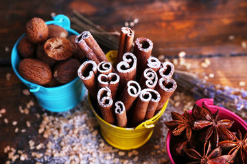 Spices with sugar and lavender on wooden table background