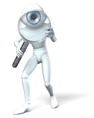 Figur hält Lupe, inspiziert Betrachter, Kopf ist Auge