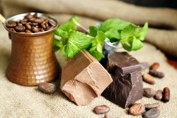 Chunks of chocolate with mint and coffee grains