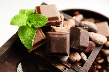 Still life with set of chocolate, nuts and coffee grains,