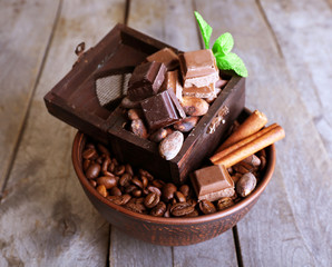 Still life with set of chocolate  and coffee beans