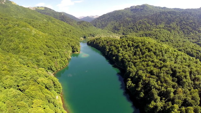 AERIAL: Flight over lake with forest around
