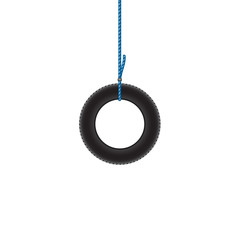 Car tire hanging on blue rope