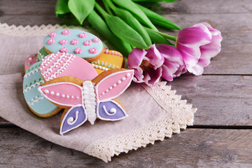 Delicious Easter cookies on table close-up