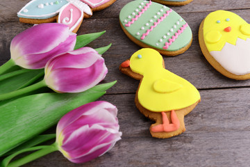Delicious Easter cookies on table close-up