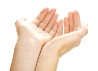 Female praying hands, isolated on white