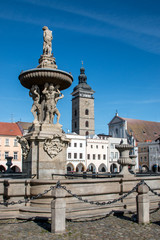 Fototapeta premium Ceske Budejovice water fountaina and Tower