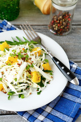 coleslaw and orange on a white plate