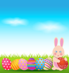 Colorful eggs and  bunny for Easter day greeting card