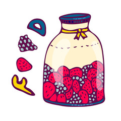 Delicious vegan jam in a jar, made of ripe juicy strawberry