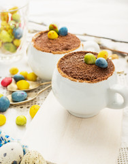 Easter cream dessert tiramisu based in portioned cups