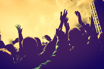 Concert, disco party. People with hands up in night club.