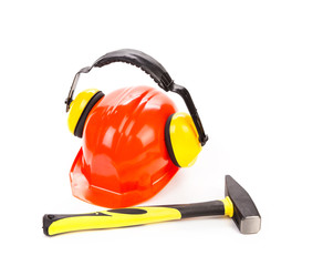 Red hard hat with instruments.