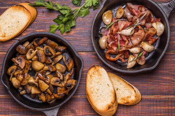 Fried mushrooms with bacon, garlic, rosemary