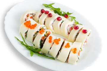 Cheese rolls with ham and red fish