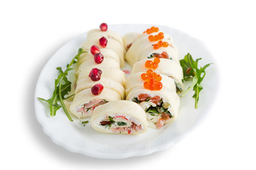 Cheese rolls with ham and red fish