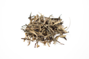 good quality white tea leaves on white background, isolated