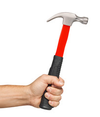 Hammer in man hand isolated on white
