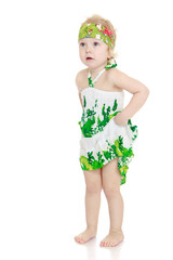 funny, cute and pretty little girl holding hands dress