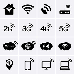 Wireless and Wifi icons. 2G, 3G, 4G and 5G