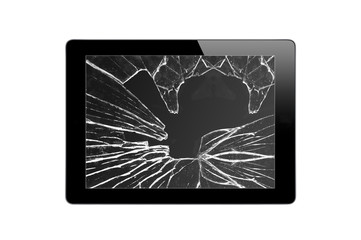 Black Touch Screen Tablet with broken screen isolated on white